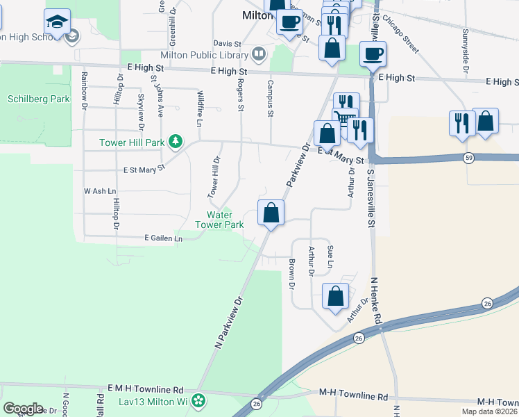 map of restaurants, bars, coffee shops, grocery stores, and more near 423 Woodcrest Lane in Milton