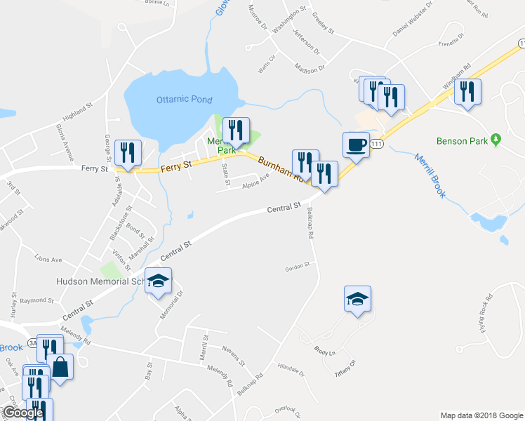map of restaurants, bars, coffee shops, grocery stores, and more near 168 Central Street in Hudson