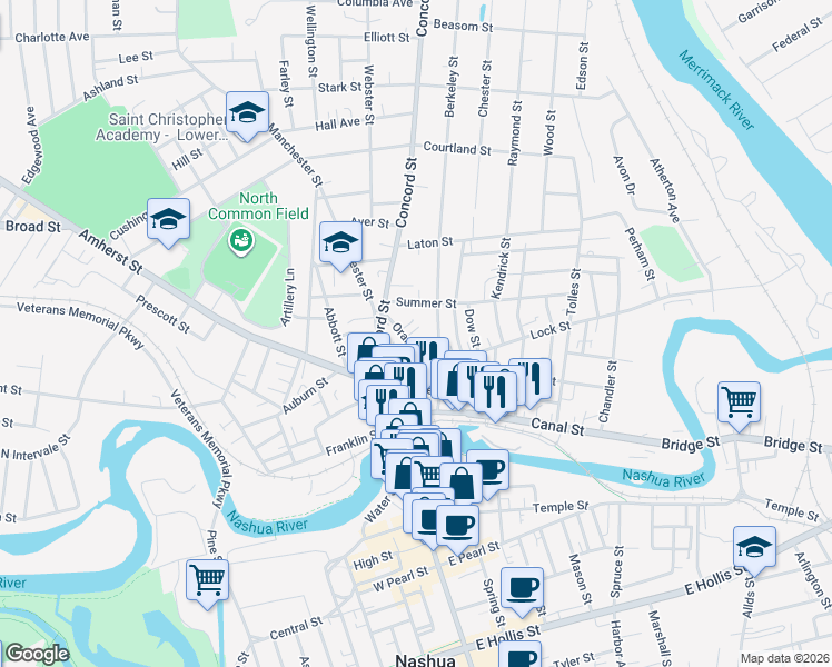 map of restaurants, bars, coffee shops, grocery stores, and more near 36 Orange Street in Nashua