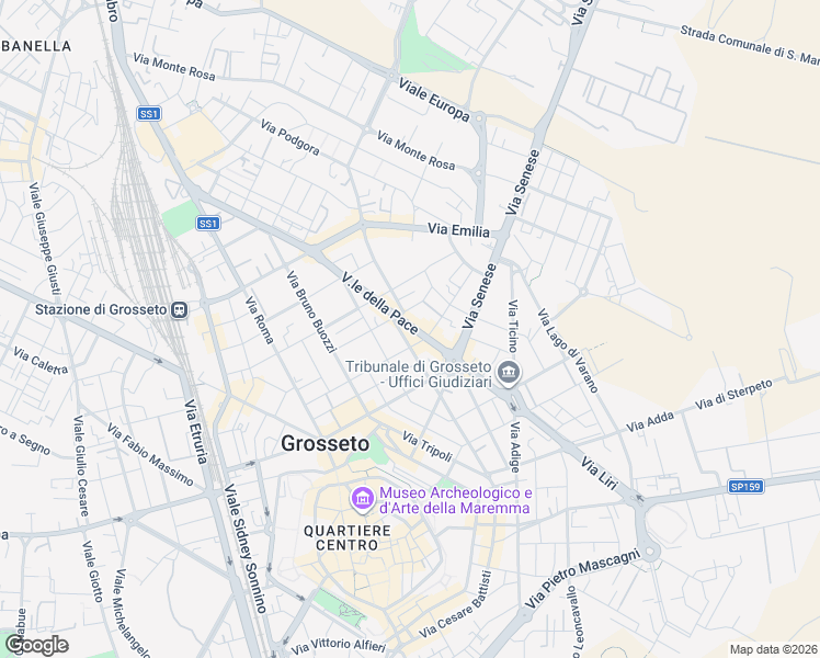 map of restaurants, bars, coffee shops, grocery stores, and more near 66 Via Aquileia in Grosseto