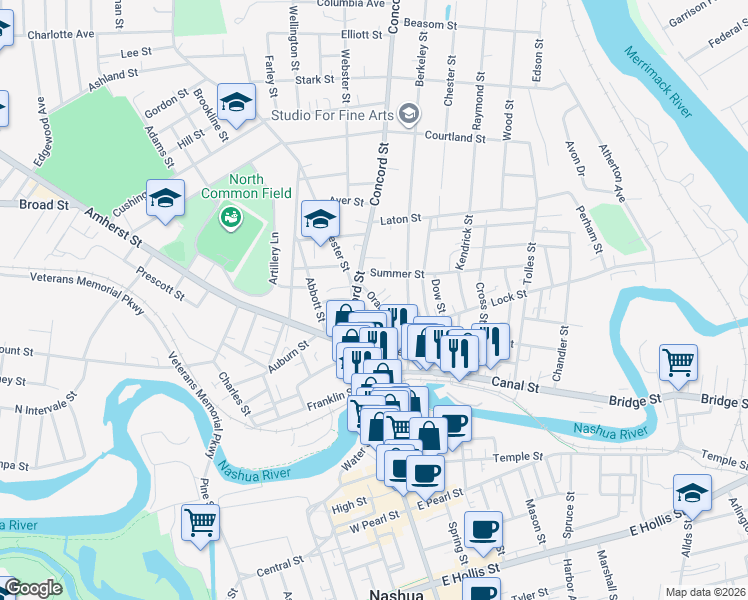 map of restaurants, bars, coffee shops, grocery stores, and more near 36 Orange Street in Nashua