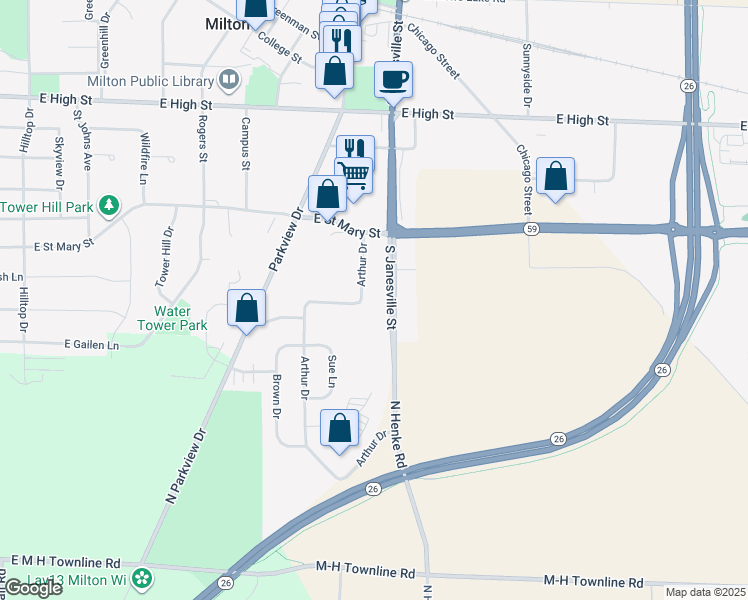 map of restaurants, bars, coffee shops, grocery stores, and more near 1101 South Janesville Street in Milton