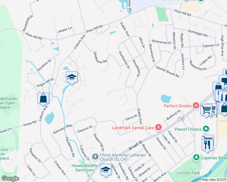 map of restaurants, bars, coffee shops, grocery stores, and more near 17 Birch Hill Drive in Nashua