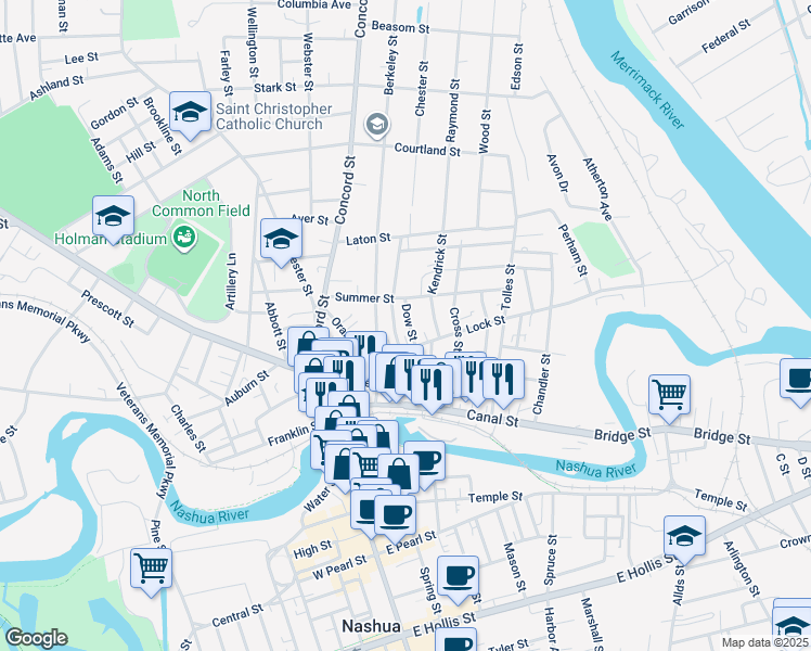 map of restaurants, bars, coffee shops, grocery stores, and more near 10 Dow Street in Nashua