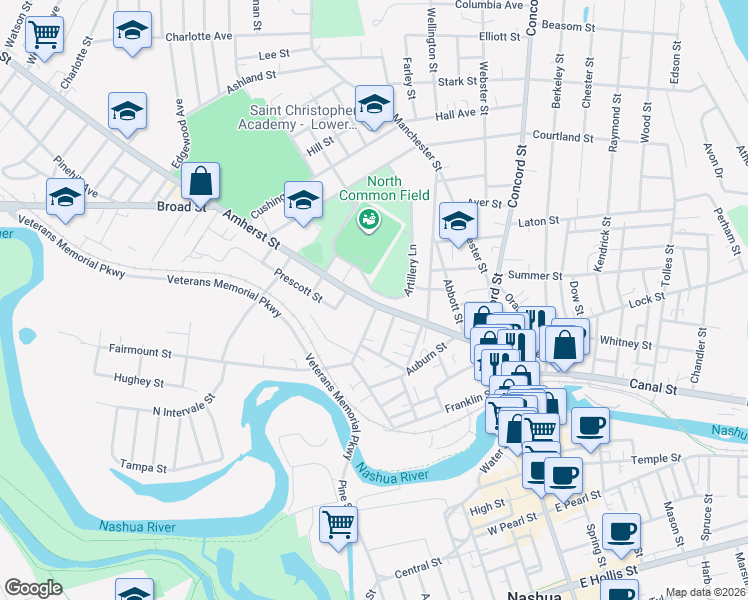 map of restaurants, bars, coffee shops, grocery stores, and more near 38 Amherst Street in Nashua
