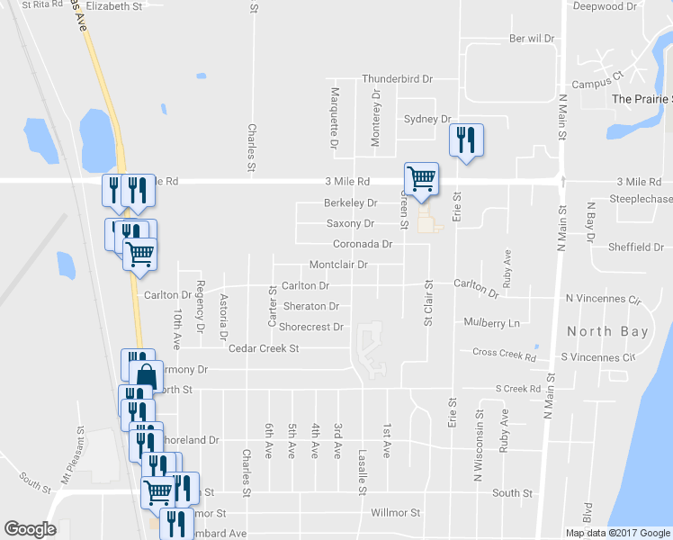 map of restaurants, bars, coffee shops, grocery stores, and more near 1017 Montclair Drive in Racine