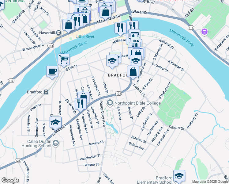 map of restaurants, bars, coffee shops, grocery stores, and more near 309 South Main Street in Haverhill