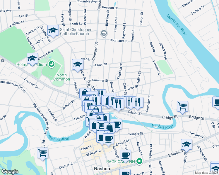 map of restaurants, bars, coffee shops, grocery stores, and more near 8 Foster Court in Nashua