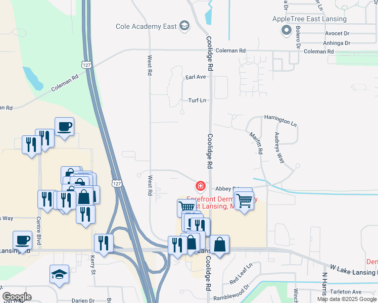 map of restaurants, bars, coffee shops, grocery stores, and more near 1550 Watertower Pl in East Lansing
