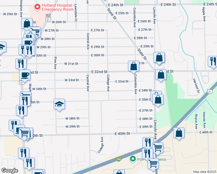 map of restaurants, bars, coffee shops, grocery stores, and more near 55 East 34th Street in Holland