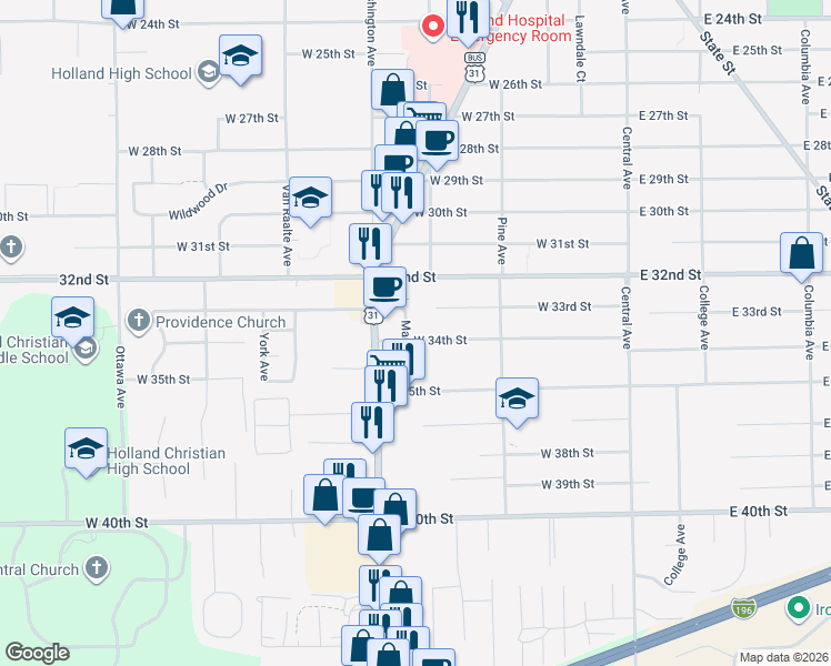 map of restaurants, bars, coffee shops, grocery stores, and more near 170 West 34th Street in Holland
