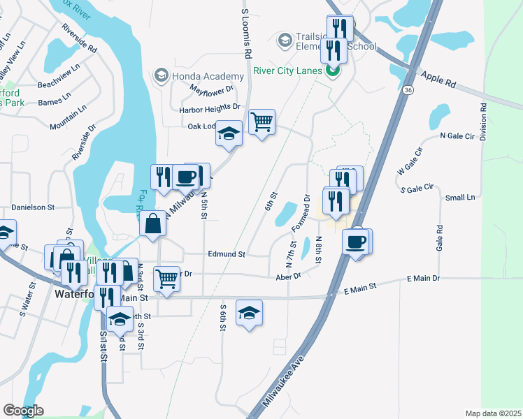 map of restaurants, bars, coffee shops, grocery stores, and more near 405a North 6th Street in Waterford