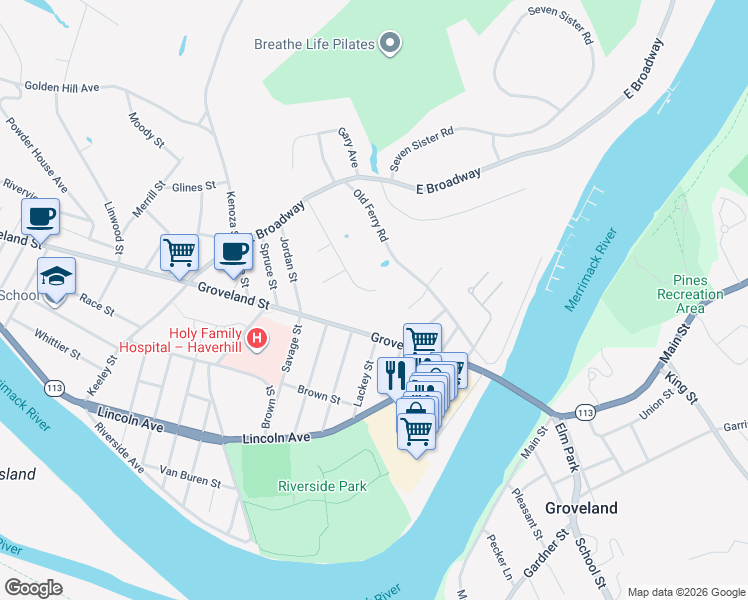 map of restaurants, bars, coffee shops, grocery stores, and more near 21 Wedgewood Drive in Haverhill