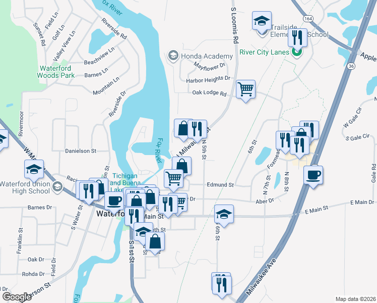 map of restaurants, bars, coffee shops, grocery stores, and more near 237 North Milwaukee Street in Waterford