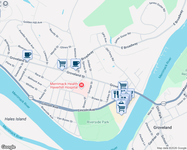map of restaurants, bars, coffee shops, grocery stores, and more near 402 Groveland Street in Haverhill