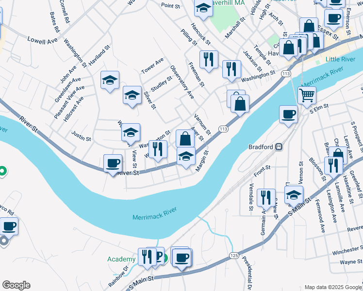 map of restaurants, bars, coffee shops, grocery stores, and more near 57 Beach Street in Haverhill