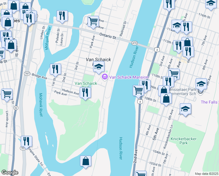 map of restaurants, bars, coffee shops, grocery stores, and more near 6 Delaware Avenue in Cohoes