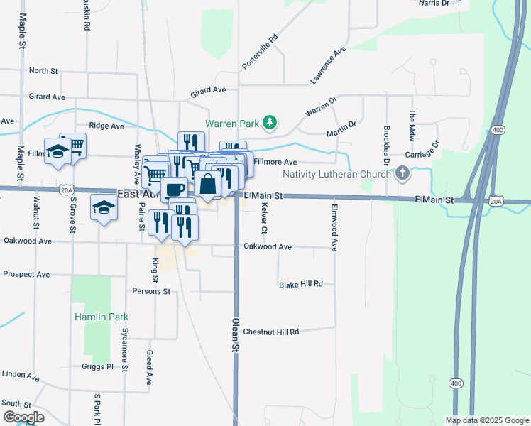 map of restaurants, bars, coffee shops, grocery stores, and more near 39 Kelver Court in East Aurora