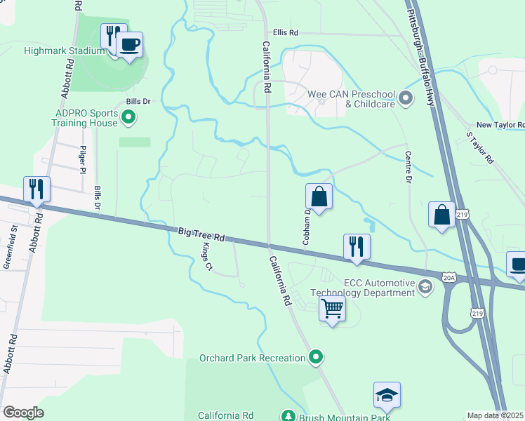 map of restaurants, bars, coffee shops, grocery stores, and more near 4282 California Road in Orchard Park