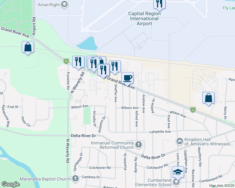 map of restaurants, bars, coffee shops, grocery stores, and more near 3225 Westmont Avenue in Lansing