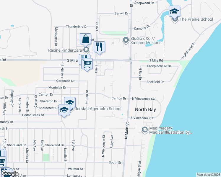 map of restaurants, bars, coffee shops, grocery stores, and more near 3723 Ruby Avenue in Racine