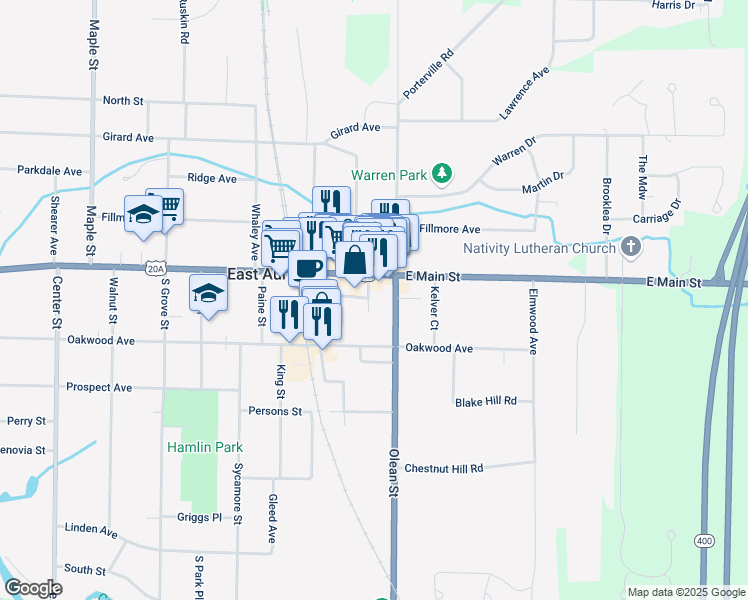 map of restaurants, bars, coffee shops, grocery stores, and more near 36 Temple Place in East Aurora