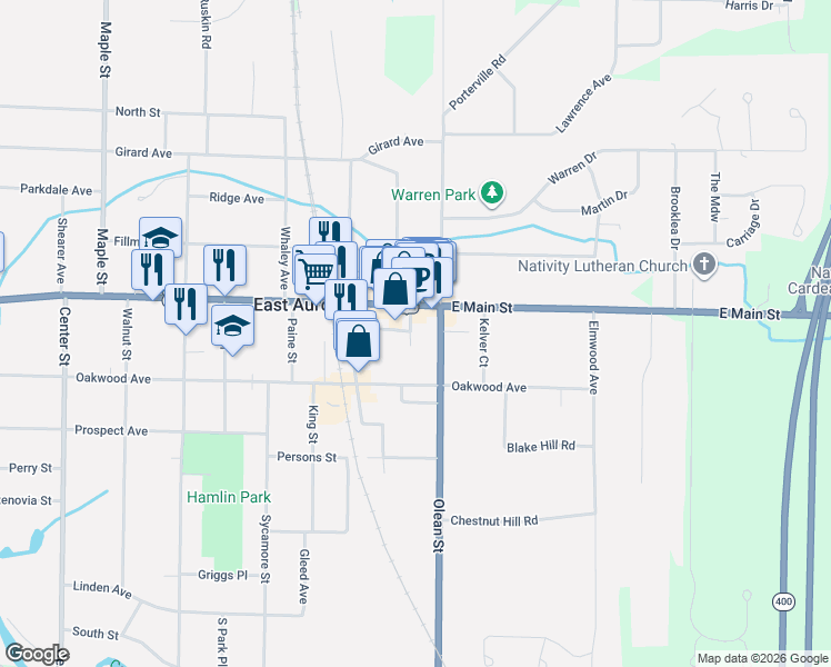 map of restaurants, bars, coffee shops, grocery stores, and more near 26 Temple Place in East Aurora