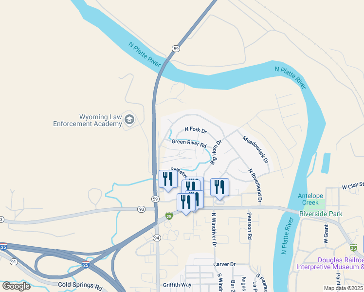map of restaurants, bars, coffee shops, grocery stores, and more near 1295 Green River Road in Douglas