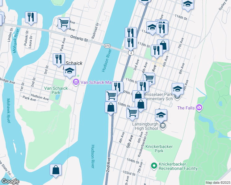 map of restaurants, bars, coffee shops, grocery stores, and more near 349 2nd Avenue in Troy
