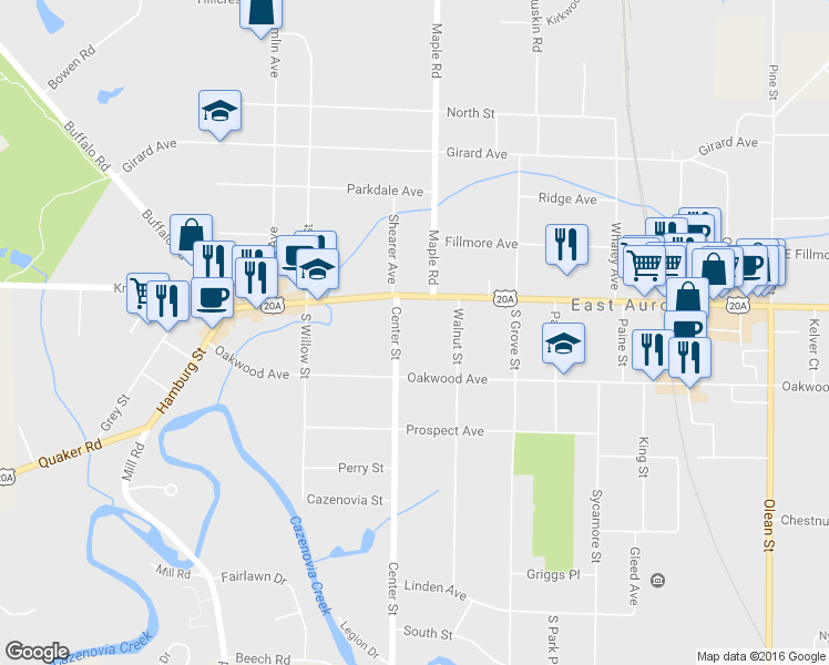 map of restaurants, bars, coffee shops, grocery stores, and more near 34 Center Street in East Aurora