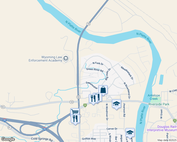 map of restaurants, bars, coffee shops, grocery stores, and more near 1295 Green River Road in Douglas