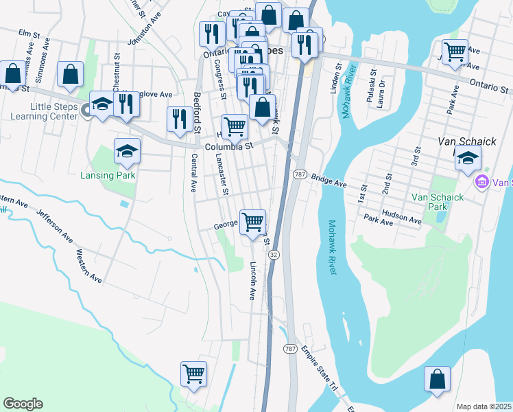 map of restaurants, bars, coffee shops, grocery stores, and more near 175 Main Street in Cohoes