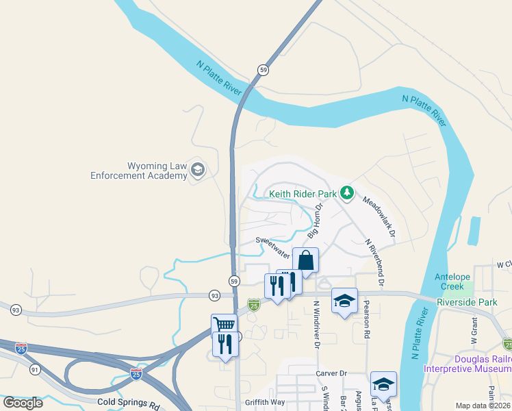 map of restaurants, bars, coffee shops, grocery stores, and more near 1295 Green River Road in Douglas