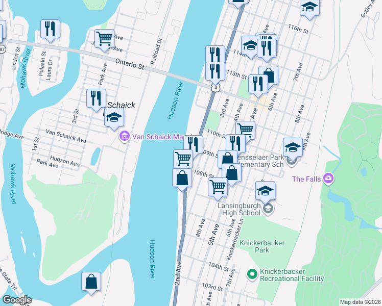 map of restaurants, bars, coffee shops, grocery stores, and more near 369 2nd Avenue in Troy