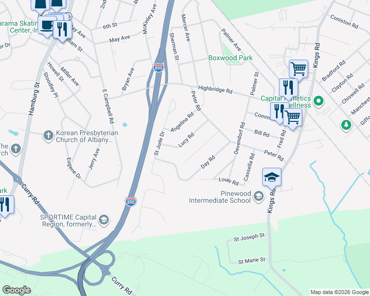map of restaurants, bars, coffee shops, grocery stores, and more near 1050 Theodore Road in Schenectady