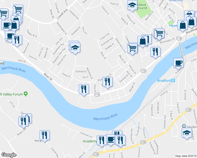 map of restaurants, bars, coffee shops, grocery stores, and more near 535 Washington Street in Haverhill