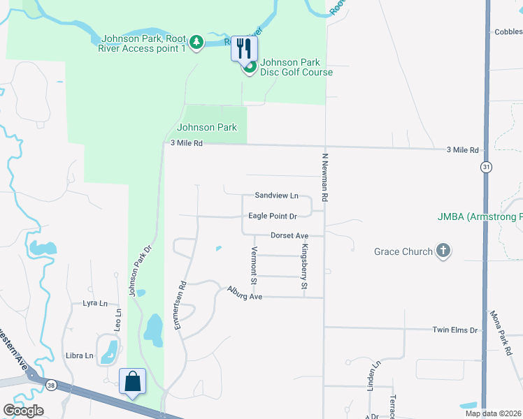 map of restaurants, bars, coffee shops, grocery stores, and more near 5801 Eagle Point Drive in Racine