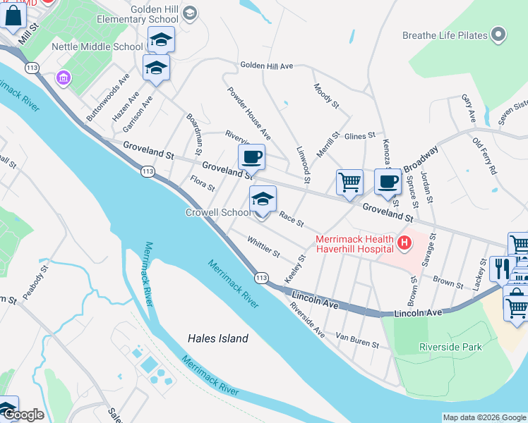 map of restaurants, bars, coffee shops, grocery stores, and more near 34 Belmont Avenue in Haverhill