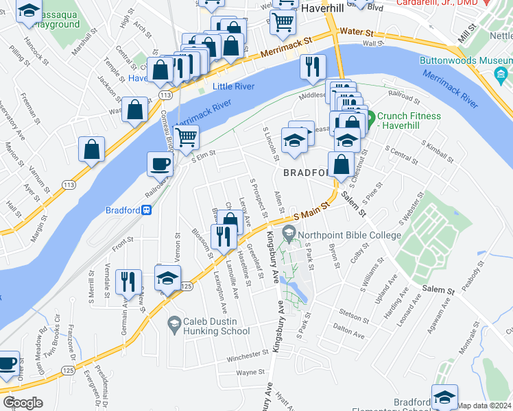 map of restaurants, bars, coffee shops, grocery stores, and more near 14 Leroy Avenue in Haverhill