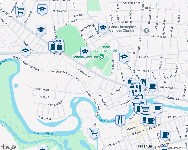 map of restaurants, bars, coffee shops, grocery stores, and more near 4 1/2 Bruce Street in Nashua