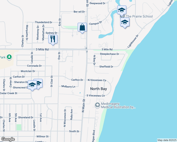 map of restaurants, bars, coffee shops, grocery stores, and more near 3715 North Main Street in Racine