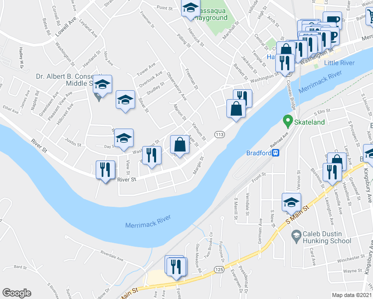 map of restaurants, bars, coffee shops, grocery stores, and more near 12 Garfield Street in Haverhill