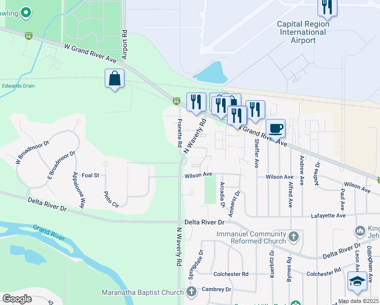map of restaurants, bars, coffee shops, grocery stores, and more near 3338 North Waverly Road in Lansing