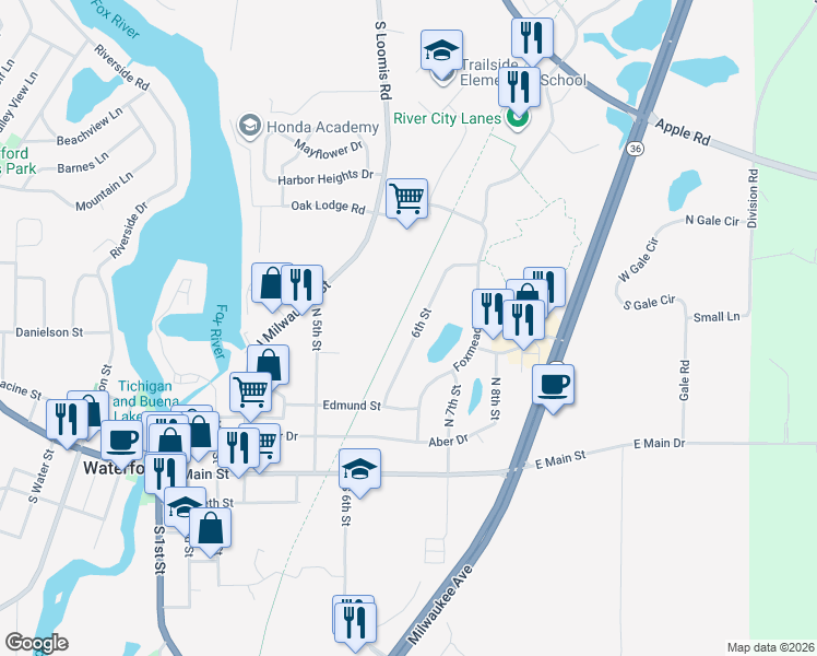 map of restaurants, bars, coffee shops, grocery stores, and more near 405a North 6th Street in Waterford
