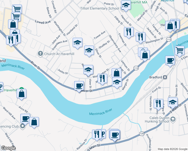 map of restaurants, bars, coffee shops, grocery stores, and more near 535 Washington Street in Haverhill