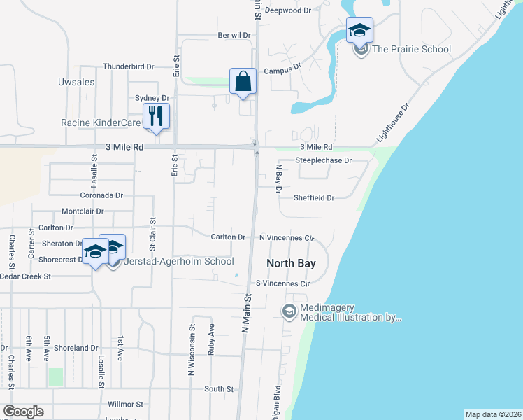 map of restaurants, bars, coffee shops, grocery stores, and more near 3801 North Main Street in Racine