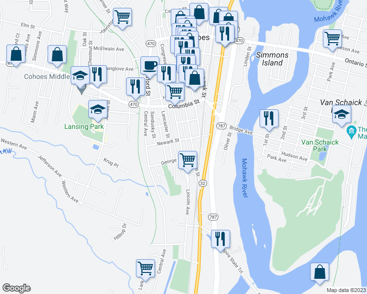 map of restaurants, bars, coffee shops, grocery stores, and more near 162 Congress Street in Cohoes