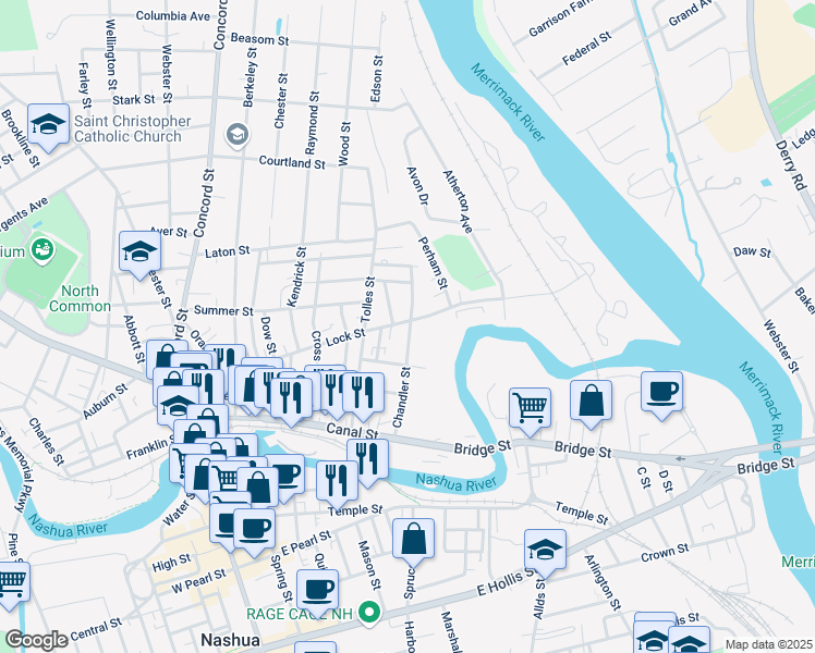map of restaurants, bars, coffee shops, grocery stores, and more near 54 Chandler Street in Nashua