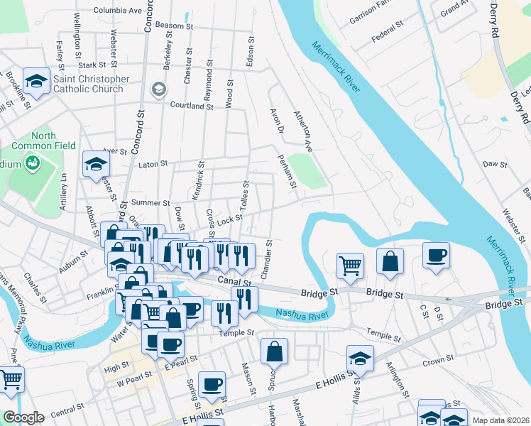 map of restaurants, bars, coffee shops, grocery stores, and more near 54 Chandler Street in Nashua
