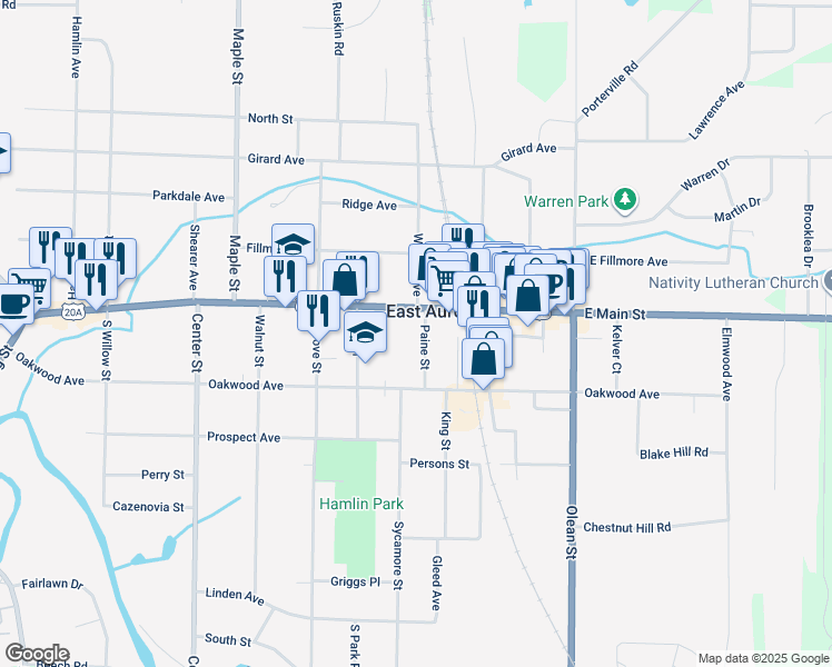 map of restaurants, bars, coffee shops, grocery stores, and more near 48 Paine Street in East Aurora